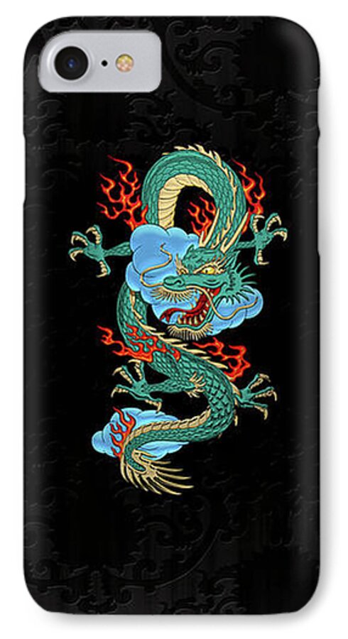 'treasures Of China' Collection By Serge Averbukh iPhone 7 Case featuring the digital art The Great Dragon Spirits - Turquoise Dragon on Black Silk by Serge Averbukh