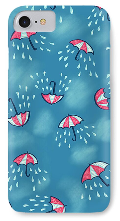 Rain iPhone 7 Case featuring the digital art Fun Raining Umbrella Pattern by Boriana Giormova