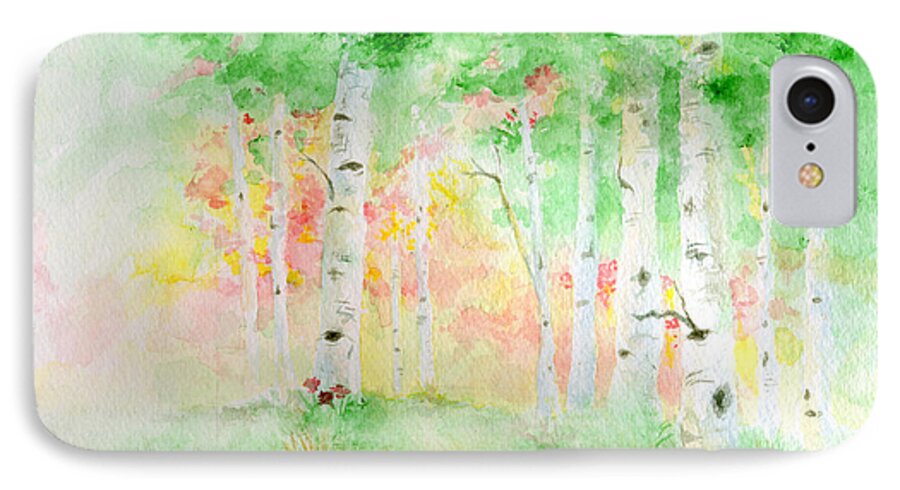 Aspen Tree Forest Woods Woodlands Autumn Fall September Nature Leaves Leaf Foliage Memorial Tribute Watercolor iPhone 7 Case featuring the painting Aspens by Andrew Gillette