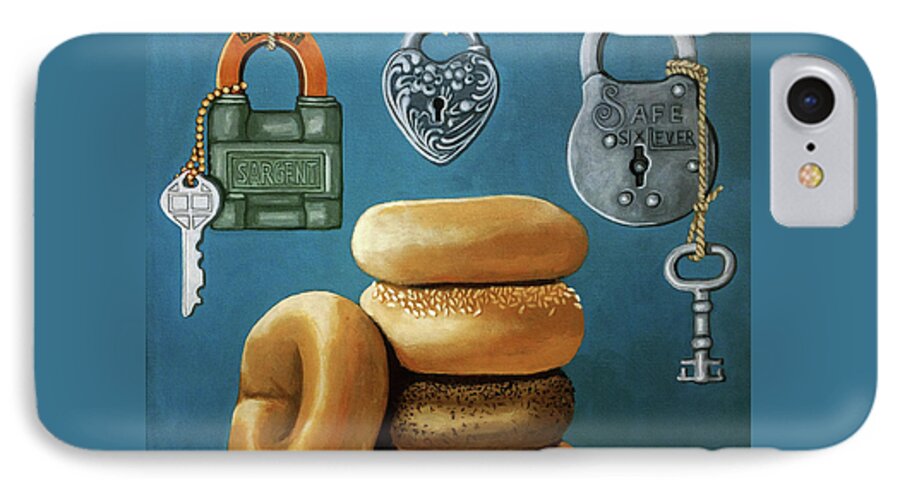 Food Art iPhone 7 Case featuring the painting Bagels and Locks by Linda Apple