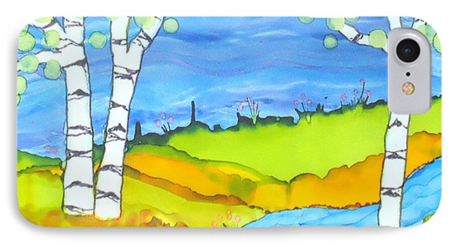 Alcohol Ink Painting iPhone 7 Case featuring the painting Birch Tree Landscape by Laurie Anderson