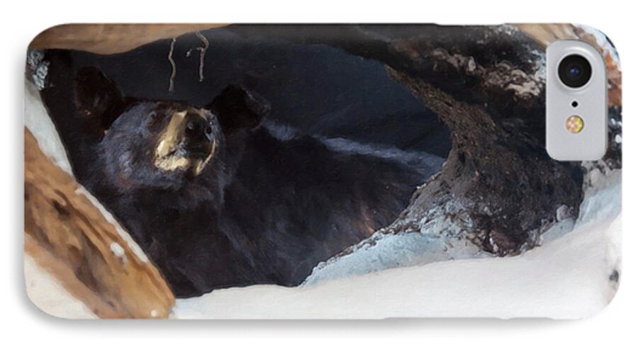 Black Bear iPhone 7 Case featuring the digital art Black Bear in its winter den by Flees Photos