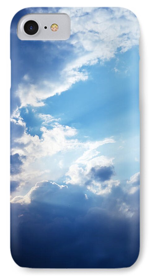 Background iPhone 7 Case featuring the photograph Blue sky and clouds with sun light by Jozef Klopacka