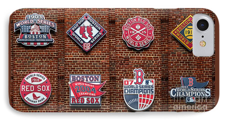 Red Sox iPhone 7 Case featuring the photograph Boston Red Sox World Series Emblems by Diane Diederich