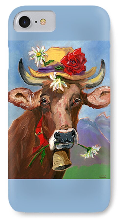 Cows iPhone 7 Case featuring the painting Brown Swiss in Summer Hat by Susan Thomas