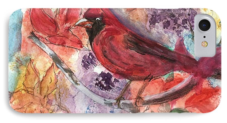 Bird iPhone 7 Case featuring the painting Cardinal in Flowers by Lucille Valentino