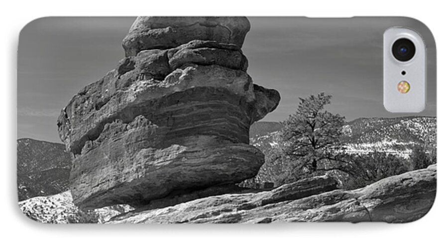 Balanced Rock iPhone 7 Case featuring the photograph Colorado Springs Balanced Rock Black And White by Adam Jewell