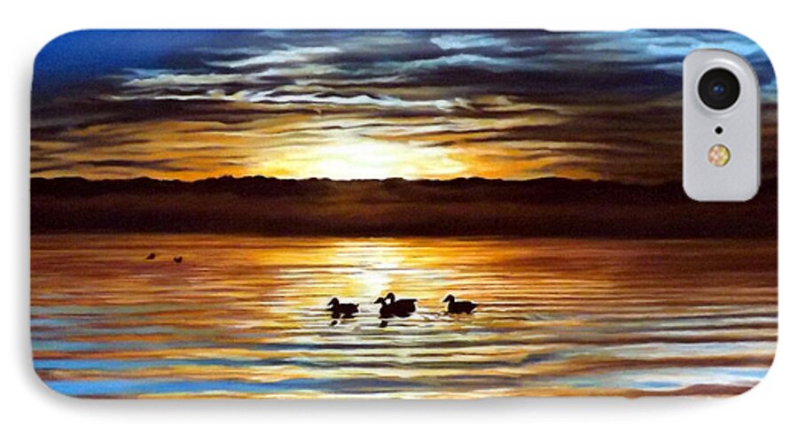 Landscape iPhone 7 Case featuring the painting Ducks on Clear Lake by Linda Becker