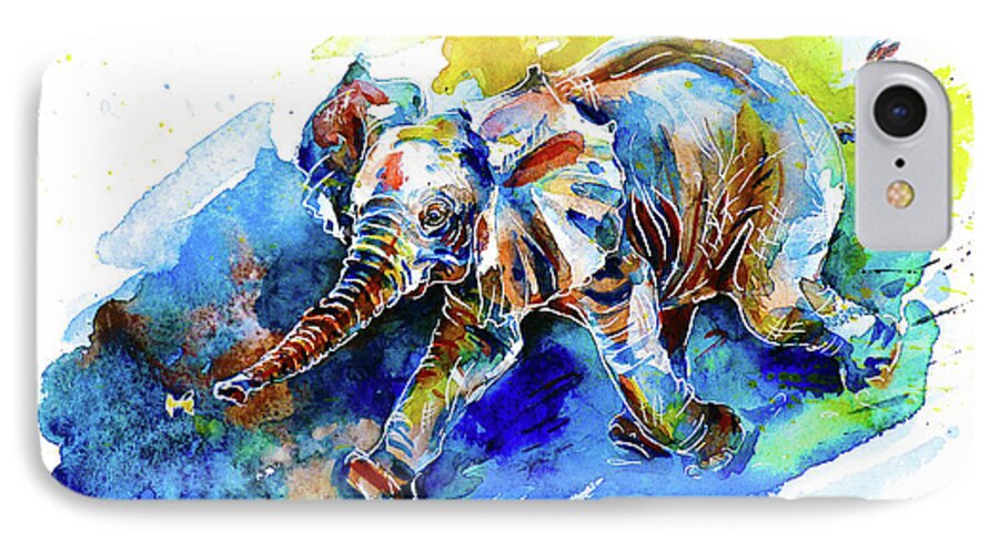 Elephant iPhone 7 Case featuring the painting Elephant Calf playing with Butterfly by Zaira Dzhaubaeva