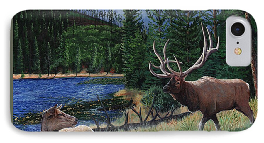 Tim Gordon iPhone 7 Case featuring the painting Elk at Beaver Lake Yellowstone by Timithy L Gordon