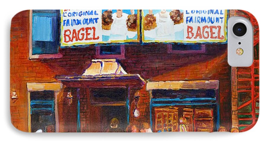 Fairmount Bagel iPhone 7 Case featuring the painting Fairmount Bagel With Blue Car by Carole Spandau