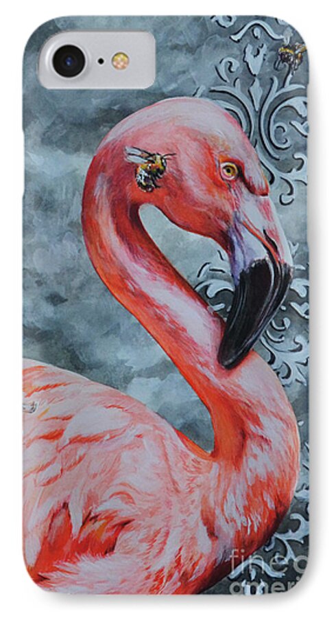Flamingo iPhone 7 Case featuring the painting Flamingo and Bees by Lachri