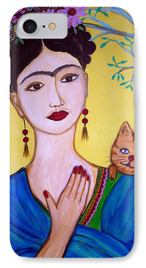 Day iPhone 7 Case featuring the painting Frida And Her Cat by Pristine Cartera Turkus