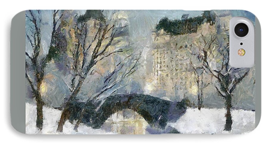 Cityscape iPhone 7 Case featuring the painting Gapstow Bridge in Snow by Dragica Micki Fortuna