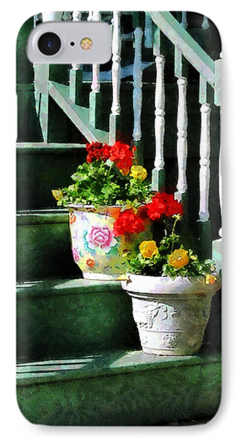 Front Steps iPhone 7 Case featuring the photograph Geraniums and Pansies on Steps by Susan Savad