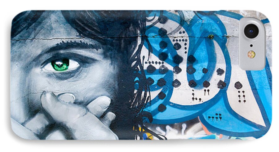Graffiti iPhone 7 Case featuring the painting Green-eye graffiti girl on the brick wall by Yurix Sardinelly