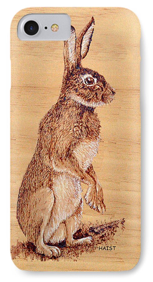 Rabbit iPhone 7 Case featuring the pyrography Hare by Ron Haist