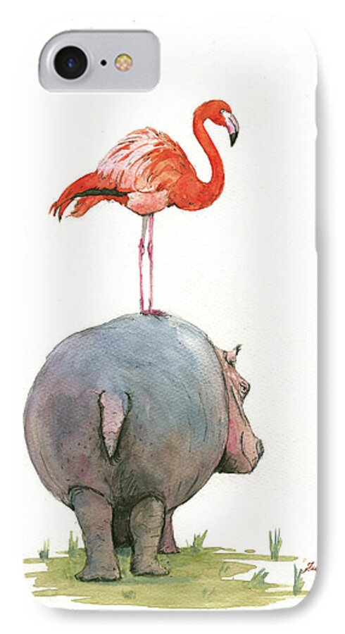 Hippo Art iPhone 7 Case featuring the painting Hippo with flamingo by Juan Bosco