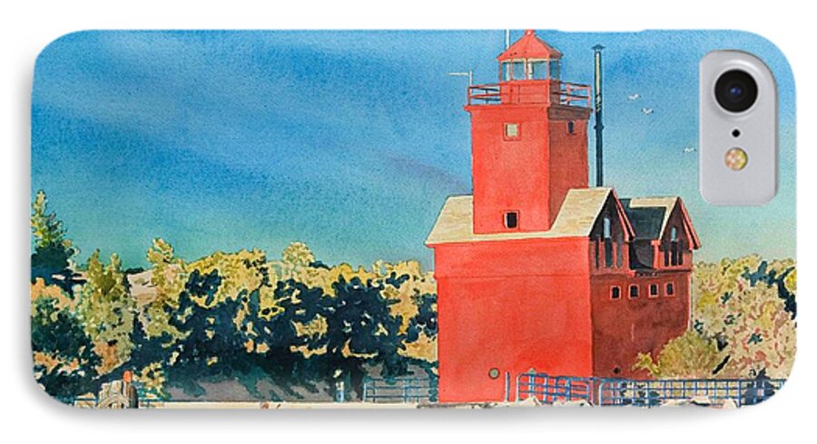 Holland iPhone 7 Case featuring the painting Holland Lighthouse - Big Red by LeAnne Sowa