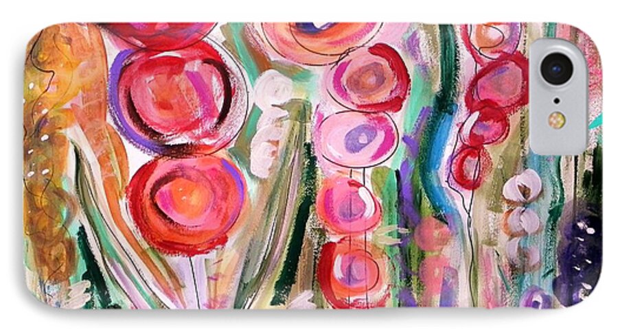 Floral iPhone 7 Case featuring the painting Hollyhocks of the Garden by Mary Carol Williams