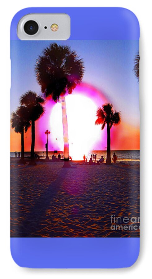 Fun.electric Combination Of A Huge White Hot Sun And Pink And Orange Corona With A Bright Blue Sky As The Sun Hits The Sea And Shares Its Last Rays Lighting The Beach. Creating Orange Highlights And Blue Purple Shadows In The Foreground .palm Trees And People In Silhouette.the Sea Is Blue And Orange .  iPhone 7 Case featuring the photograph Huge Sun Pine Island Sunset by Priscilla Batzell Expressionist Art Studio Gallery