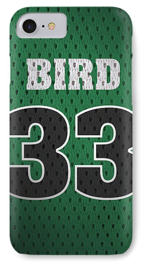 Larry Bird iPhone 7 Case featuring the mixed media Larry Bird Boston Celtics Retro Vintage Jersey Closeup Graphic Design by Design Turnpike