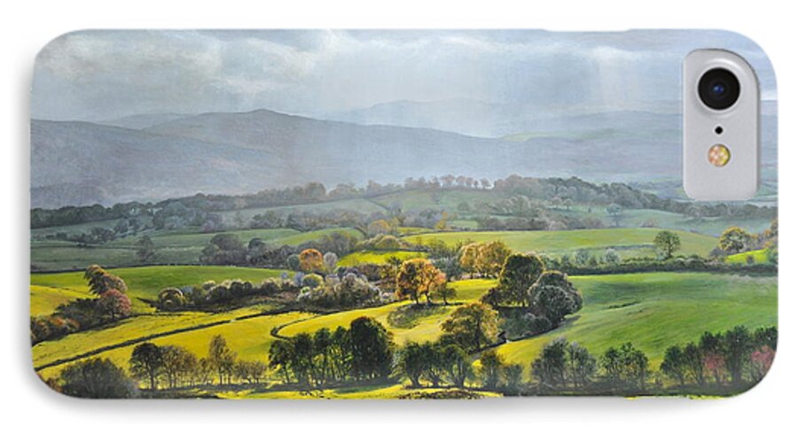 Wales iPhone 7 Case featuring the painting Light in the Valley at Rhug. by Harry Robertson