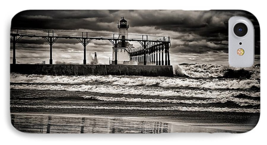 Reflections iPhone 7 Case featuring the photograph Lighthouse Reflections in Black and White by Scott Wood