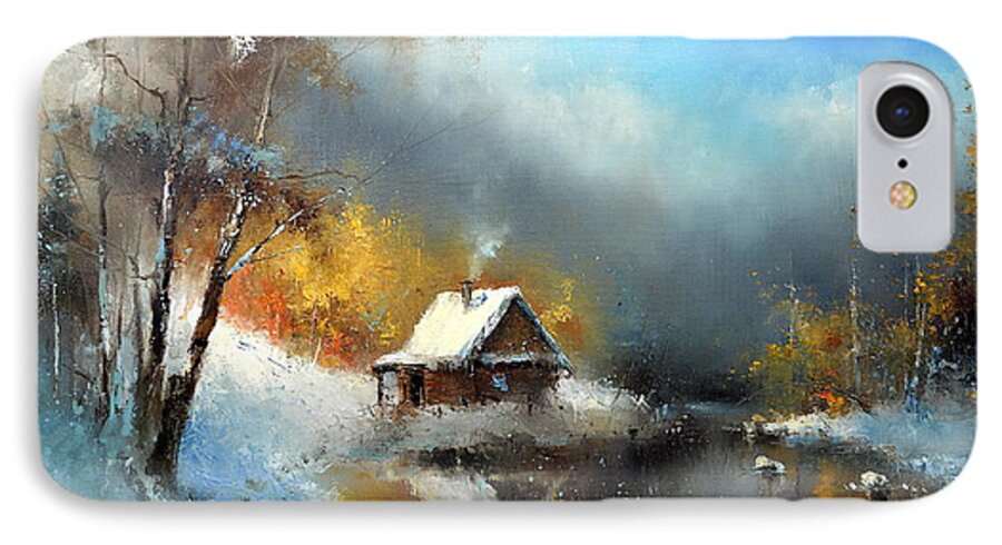 Russian Artists New Wave iPhone 7 Case featuring the painting Lodge in the Winter Forest by Igor Medvedev