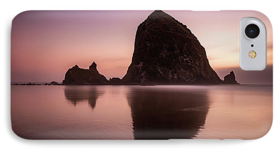Haystack Rock iPhone 7 Case featuring the photograph Long exposure of Haystack Rock at Sunset by Pierre Leclerc Photography