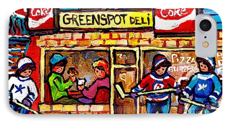 Montreal iPhone 7 Case featuring the painting Lunch At Greenspot Deli Montreal Winter Street Hockey Game Scene Painting For Sale Carole Spandau  by Carole Spandau