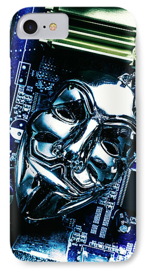 Cyber iPhone 7 Case featuring the photograph Metal anonymous mask on motherboard by Jorgo Photography