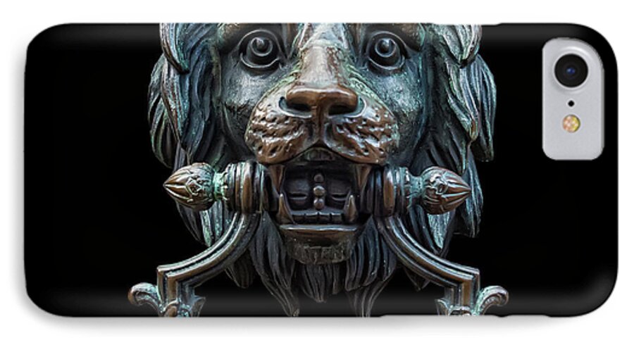 Door iPhone 7 Case featuring the photograph Metal Lion Head DoorKnocker Isolated Black by Antony McAulay