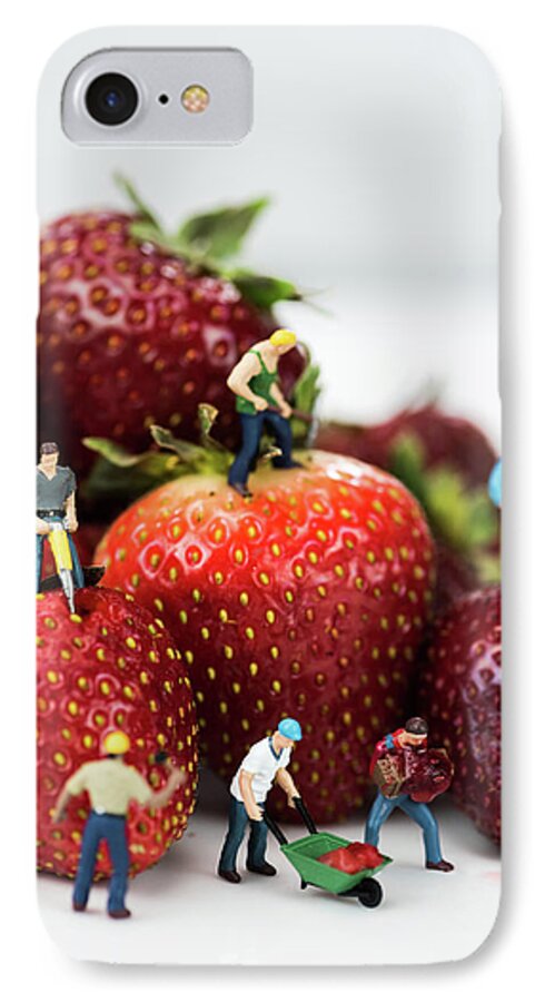 Miniature Photography iPhone 7 Case featuring the photograph Miniature Construction Workers on Strawberries by Tammy Ray