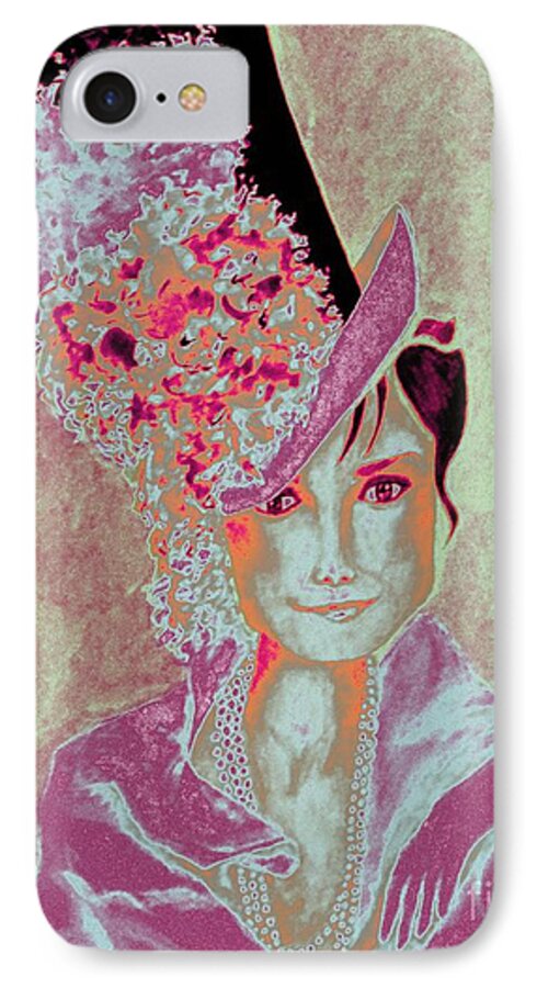 Audrey Hepburn iPhone 7 Case featuring the painting My Fair Audrey -- in Raspberry and Orange by Jayne Somogy