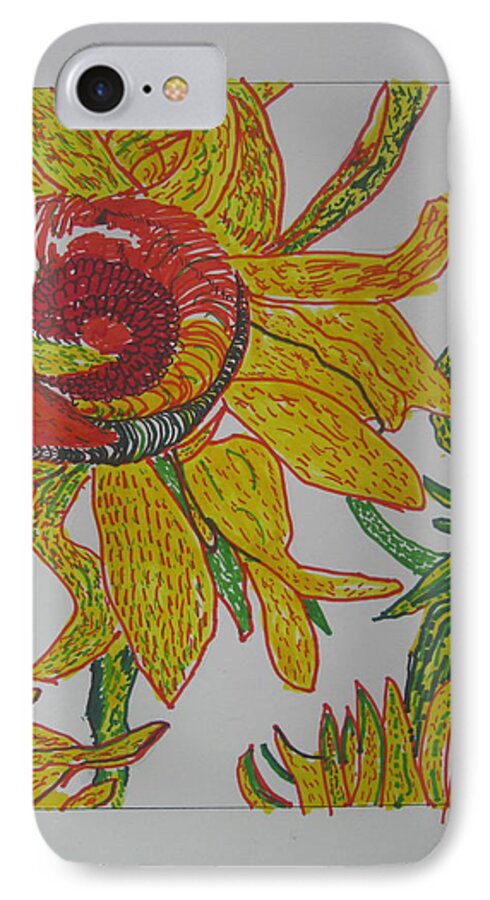 Sunflower iPhone 7 Case featuring the drawing My Version Of A Van Gogh Sunflower by AJ Brown