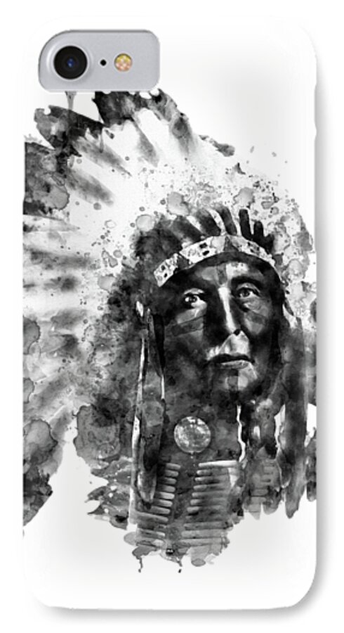 American Indian iPhone 7 Case featuring the painting Native American Chief Black and White by Marian Voicu