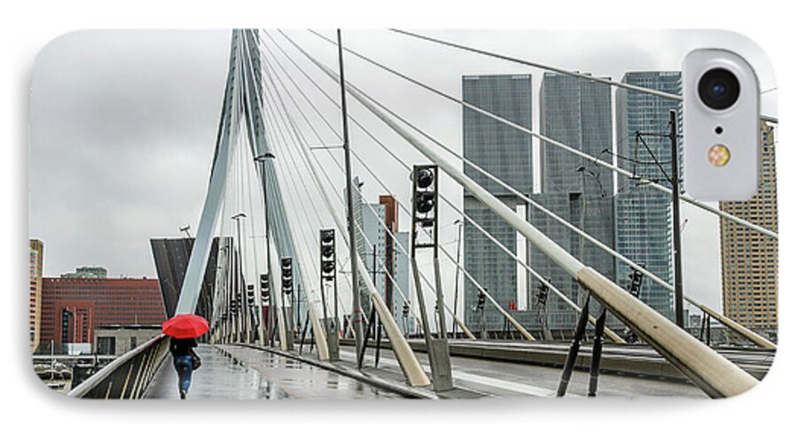 Rotterdam iPhone 7 Case featuring the photograph Over the Erasmus Bridge in Rotterdam with red umbrella by RicardMN Photography
