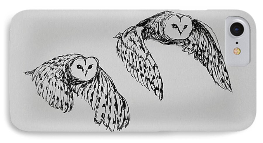 Owls iPhone 7 Case featuring the drawing Owls in Flight by Victoria Lakes