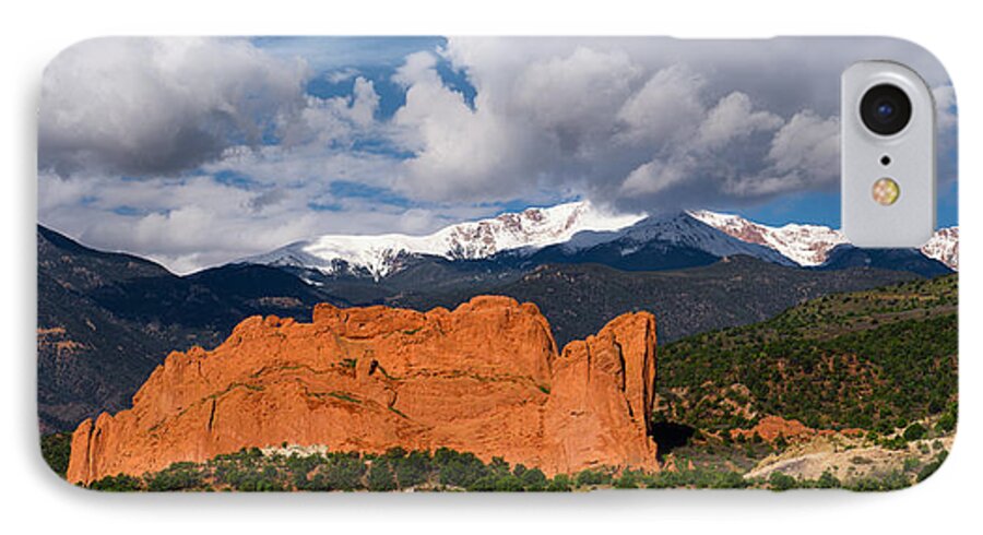 Garden Of The Gods iPhone 7 Case featuring the photograph Pikes Peak and Garden of the Gods Panoramic by Tim Reaves