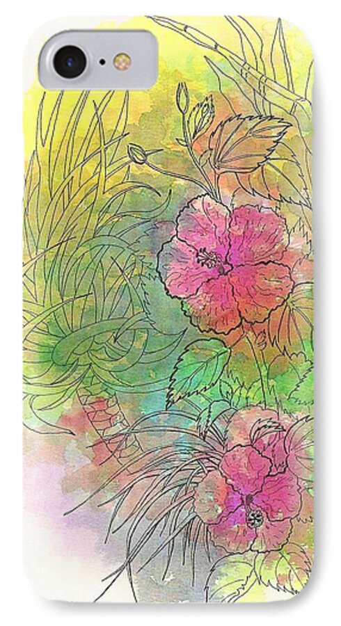 Flowers iPhone 7 Case featuring the drawing Pink Hibiscus by George I Perez