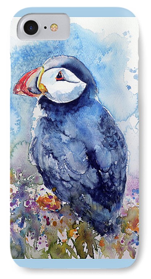 Puffin iPhone 7 Case featuring the painting Puffin with flowers by Kovacs Anna Brigitta