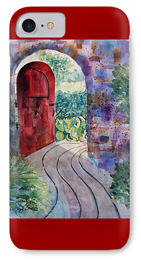 Red iPhone 7 Case featuring the painting Red Door by Mary Benke