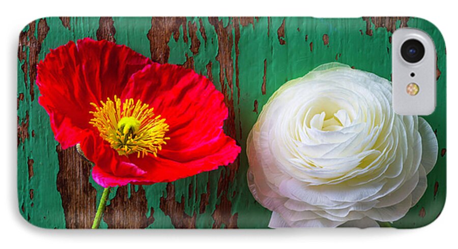 White iPhone 7 Case featuring the photograph Red Poppy And White Ranunculus by Garry Gay