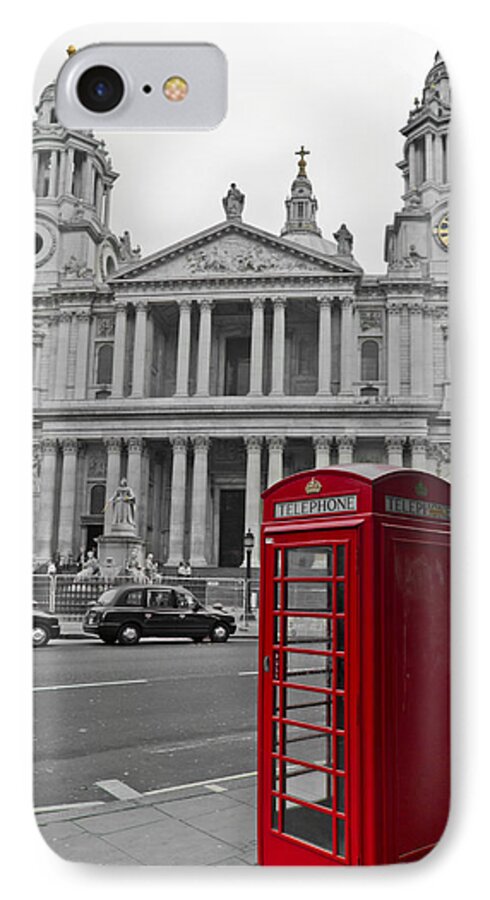 Black And White And Red iPhone 7 Case featuring the photograph Red telephone boxes in London by Gary Eason
