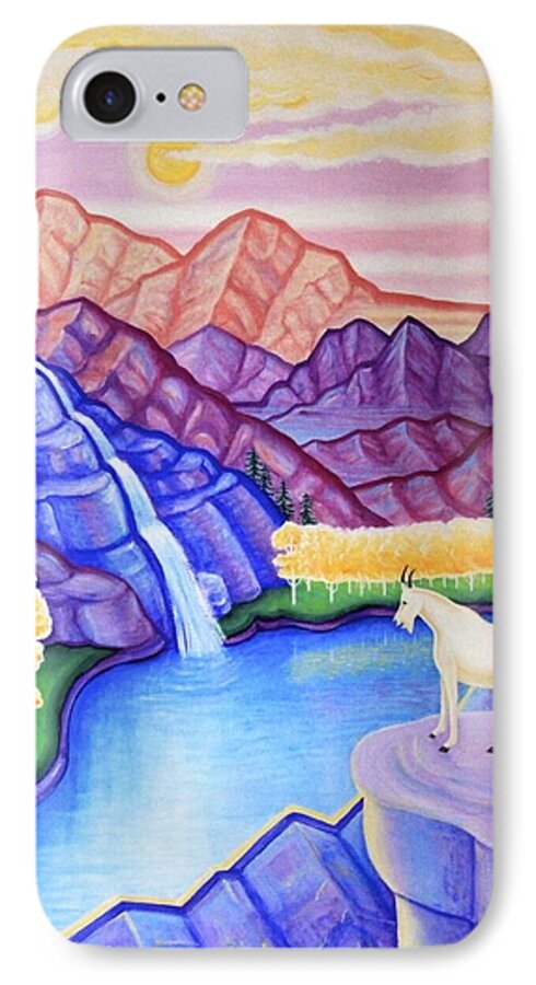 Rocky Mountain Goat Landscape Surreal Mountains Waterfall iPhone 7 Case featuring the painting Rocky Mountain High by Tracy Dennison
