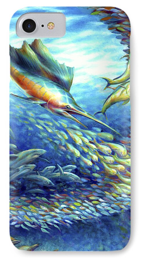Oil Painting iPhone 7 Case featuring the painting Sailfish Plunders Baitball II - Sharks and Dolphin Fish by Nancy Tilles
