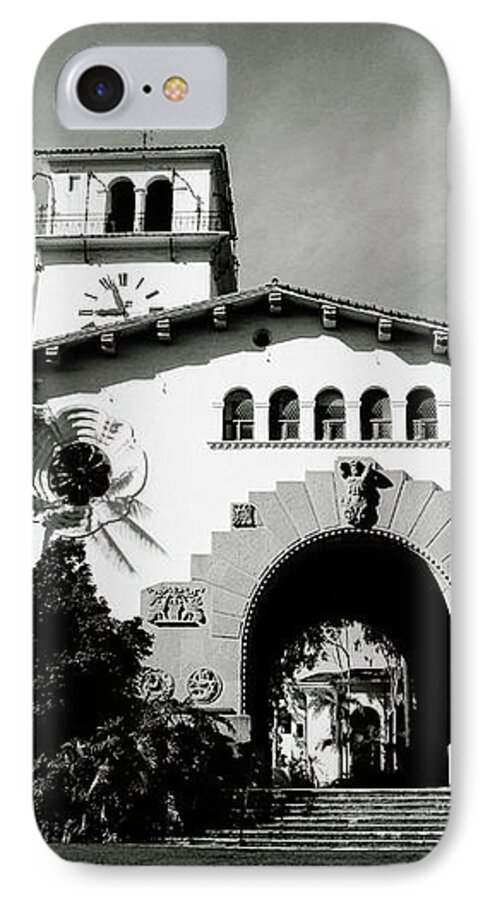 Santa Barbara iPhone 7 Case featuring the mixed media Santa Barbara Courthouse Black And White-by Linda Woods by Linda Woods