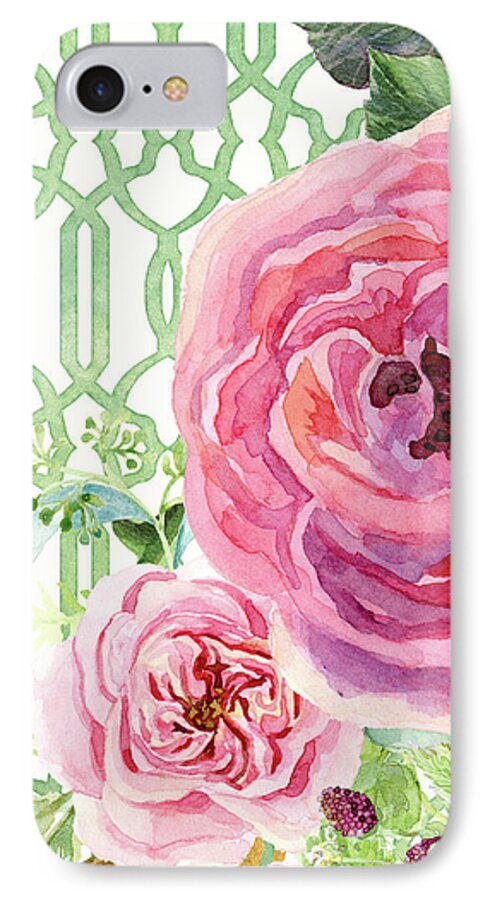 Watercolor On Paper iPhone 7 Case featuring the painting Secret Garden 3 - Pink English roses with Woodsy Fern, Wild Berries, Hops and Trellis by Audrey Jeanne Roberts