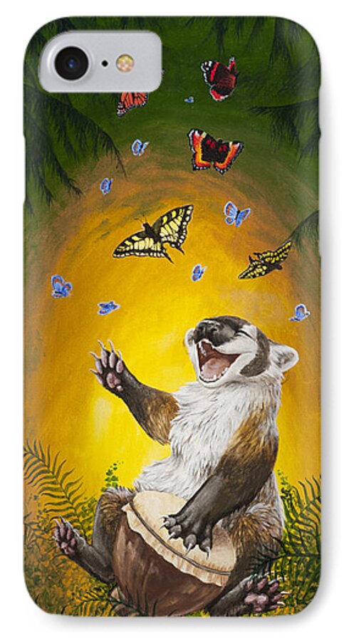 Badger Animal Mustelid Butterflies Happy Drum Music Cartoon Anthropomorphic Forest Nature Wildlife Animals Drumming iPhone 7 Case featuring the painting Simple Pleasures by Beth Davies